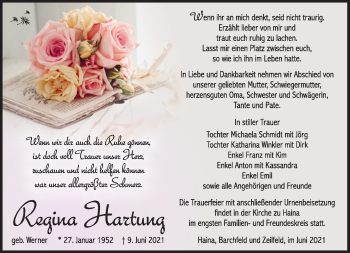 Traueranzeige von Regina Hartung von Südthüringer Presse