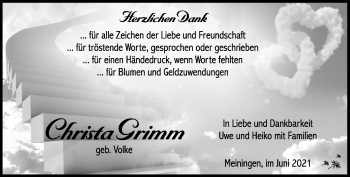 Traueranzeige von Christa Grimm von Südthüringer Presse