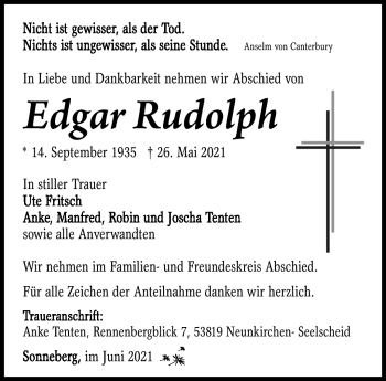 Traueranzeige von Edgar Rudolph von Südthüringer Presse