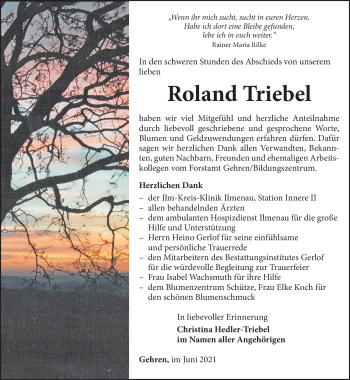 Traueranzeige von Roland Triebel von Südthüringer Presse