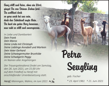 Traueranzeige von Petra Seugling von Südthüringer Presse