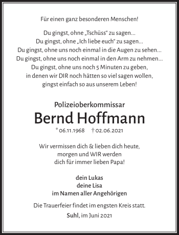 Traueranzeige von Bernd Hoffmann von Südthüringer Presse