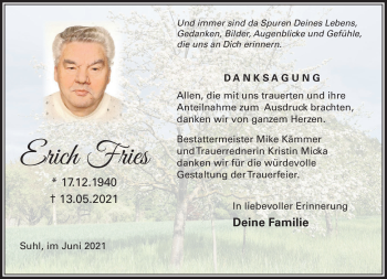 Traueranzeige von Erich Frieß von Südthüringer Presse