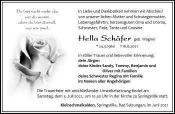 Traueranzeige von Hella Schäfer von Südthüringer Presse