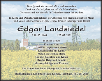 Traueranzeige von Edgar Landsiedel von Südthüringer Presse