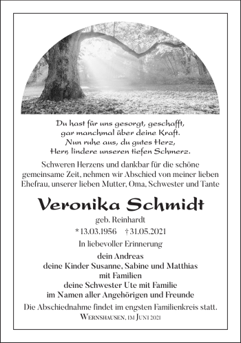 Traueranzeige von Veronika Schmidt von Südthüringer Presse