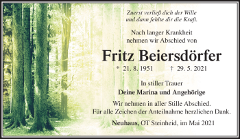 Traueranzeige von Fritz Beiersdörfer von Südthüringer Presse