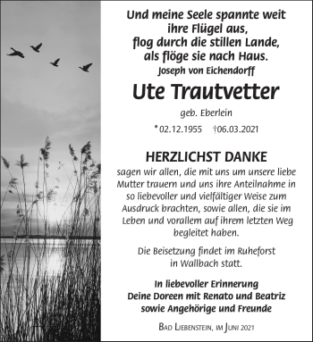 Traueranzeige von Ute Trautvetter von Südthüringer Presse