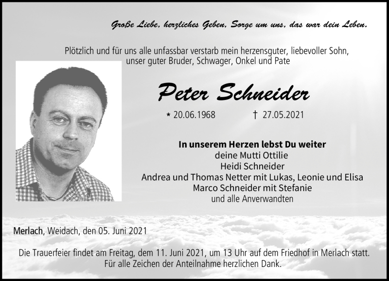  Traueranzeige für Peter Schneider vom 05.06.2021 aus Neue Presse Coburg
