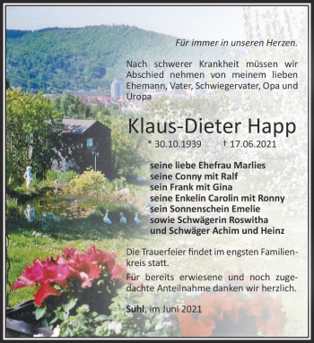 Traueranzeige von Klaus-Dieter Happ von Südthüringer Presse
