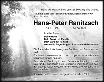 Traueranzeige von Hans-Peter Ranitzsch von Südthüringer Presse