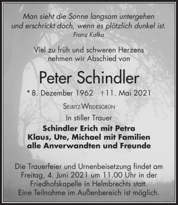 Traueranzeige von Peter Schindler von Frankenpost