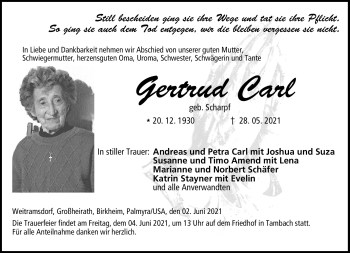 Traueranzeige von Gertrud Carl von Neue Presse Coburg