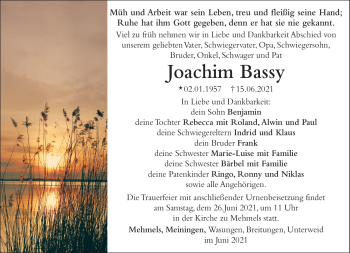 Traueranzeige von Joachim Bassy von Südthüringer Presse