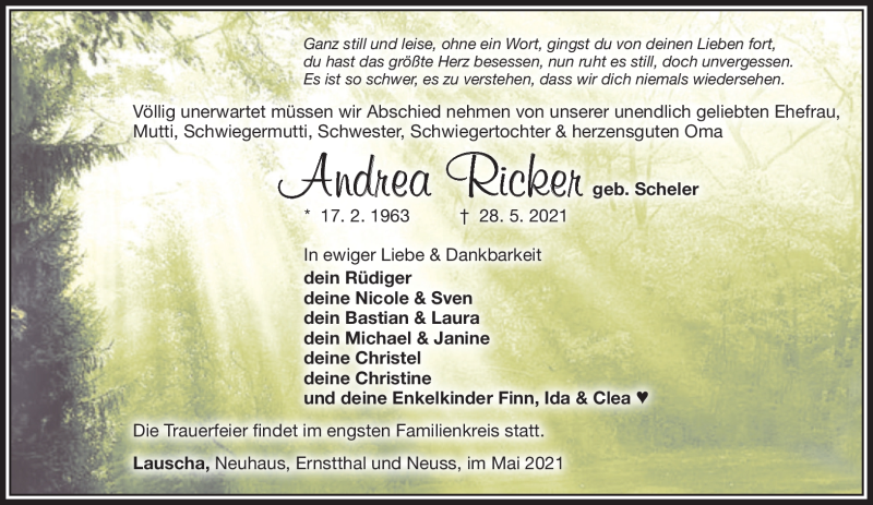  Traueranzeige für Andrea Ricker vom 12.06.2021 aus Südthüringer Presse