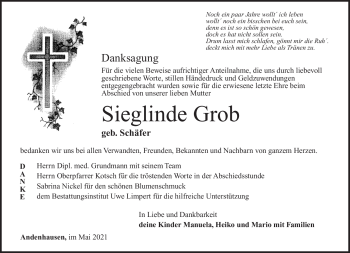 Traueranzeige von Sieglinde Grob von Südthüringer Presse