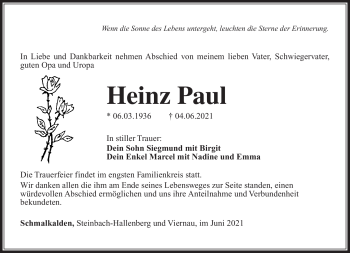 Traueranzeige von Heinz Paul von Südthüringer Presse