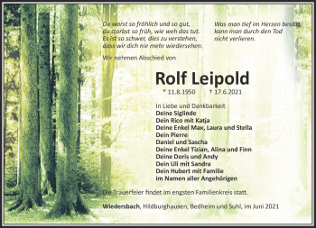 Traueranzeige von Rolf Leipold von Südthüringer Presse