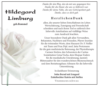 Traueranzeige von Hildegard Limburg von Südthüringer Presse