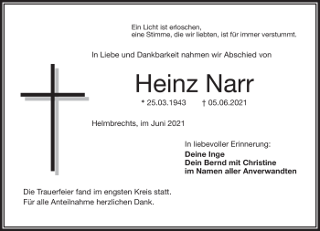 Traueranzeige von Heinz Narr von Frankenpost