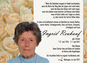 Traueranzeige von Ingrid Reukauf von Südthüringer Presse