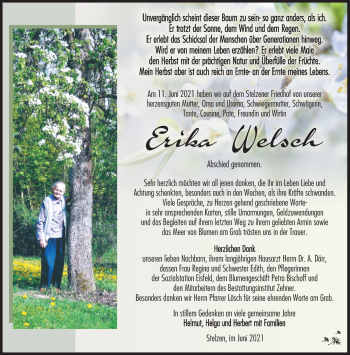 Traueranzeige von Erika Welsch von Südthüringer Presse