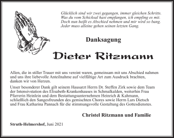 Traueranzeige von Dieter Ritzmann von Südthüringer Presse