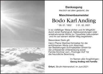 Traueranzeige von Bodo Karl Anding von Südthüringer Presse