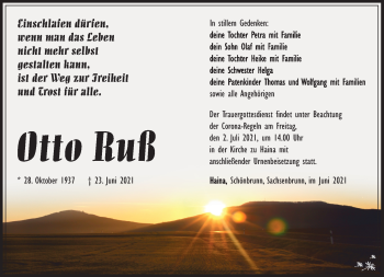 Traueranzeige von Otto Ruß von Südthüringer Presse