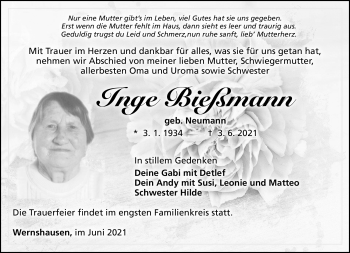 Traueranzeige von Inge Bießmann von Südthüringer Presse