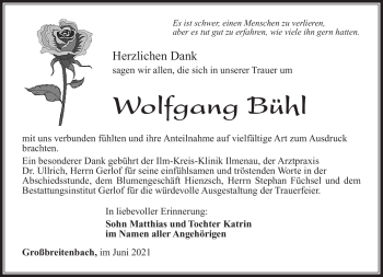 Traueranzeige von Wolfgang Bühl von Südthüringer Presse