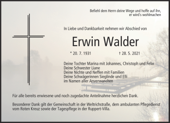 Traueranzeige von Erwin Walder von Frankenpost