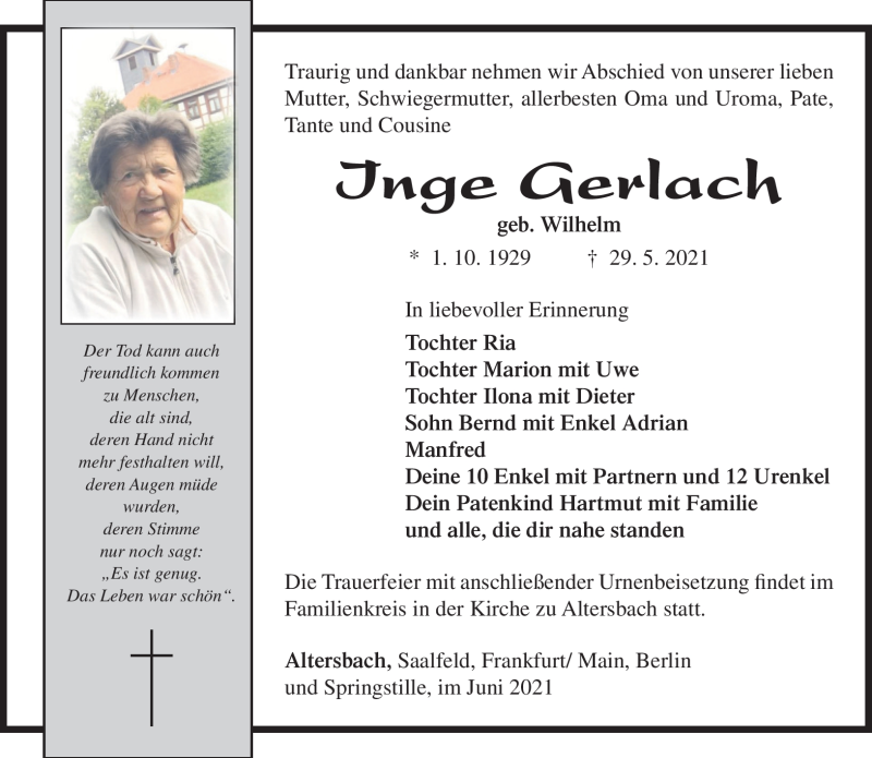  Traueranzeige für Inge Gerlach vom 05.06.2021 aus Südthüringer Presse