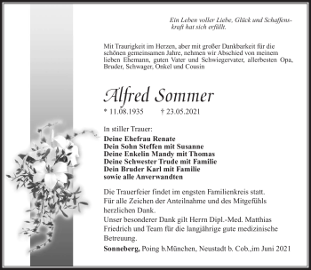 Traueranzeige von Alfred Sommer von Südthüringer Presse