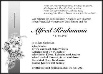 Traueranzeige von Alfred Krahmann von Südthüringer Presse
