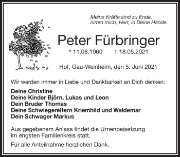 Traueranzeige von Peter Fürbringer von Frankenpost