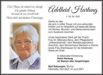 Traueranzeige von Adelheid Hartung von Südthüringer Presse