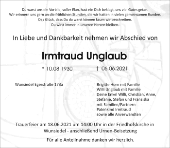 Traueranzeige von Irmtraud Unglaub von Frankenpost