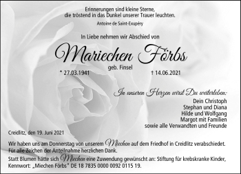 Traueranzeige von Mariechen Förbs von Neue Presse Coburg
