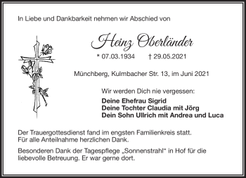Traueranzeige von Heinz Oberländer von Frankenpost