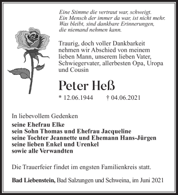 Traueranzeige von Peter Heß von Südthüringer Presse