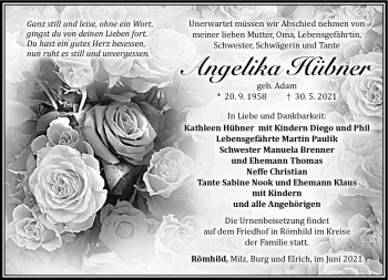 Traueranzeige von Angelika Hübner von Südthüringer Presse