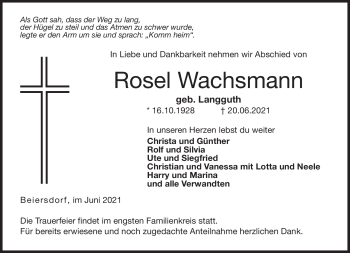 Traueranzeige von Rosel Wachsmann von Neue Presse Coburg