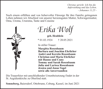Traueranzeige von Erika Wolf von Südthüringer Presse