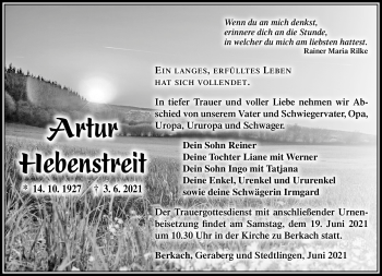 Traueranzeige von Artur Hebenstreit von Südthüringer Presse