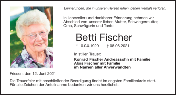 Traueranzeige von Betti Fischer von Neue Presse Coburg
