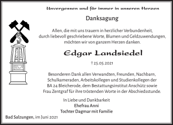 Traueranzeige von Edgar Landsiedel von Südthüringer Presse