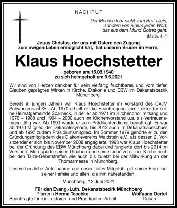 Traueranzeige von Klaus Hoechstetter von Frankenpost