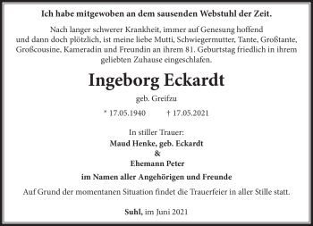 Traueranzeige von Ingeborg Eckardt von Südthüringer Presse