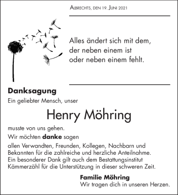 Traueranzeige von Henry Möhring von Südthüringer Presse